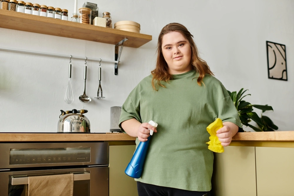 Disabled woman cleaning kitchen